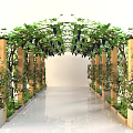Lush Green Vine Covered Arbor With Wooden Pillars Flower Pots And Purple Grapes Along Walkway