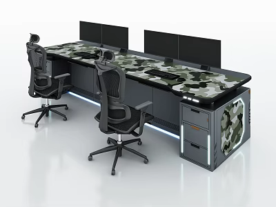 Modern Functional Desk With Camouflage Tabletop Multiple Monitors Storage Unit And Two Chairs 3d model