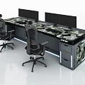 Modern Functional Desk With Camouflage Tabletop Multiple Monitors Storage Unit And Two Chairs 3d model