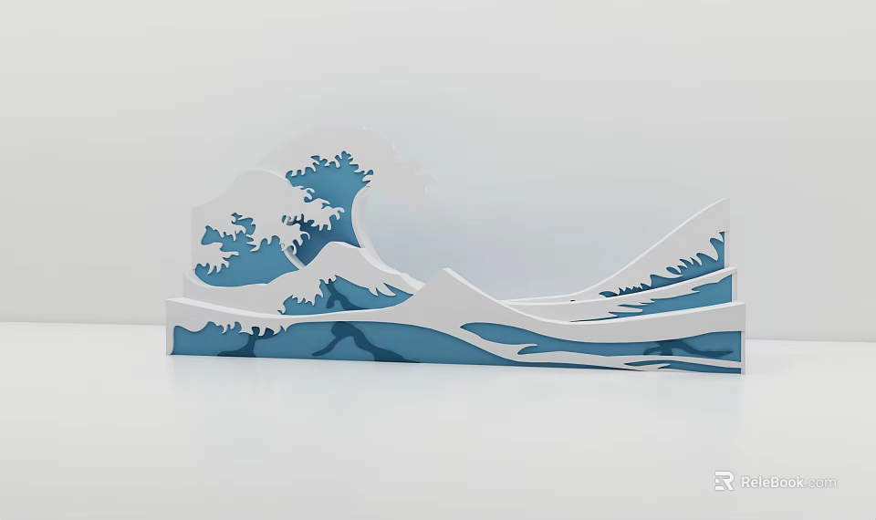 Ukiyo-e Style Ocean Wave Decorative Sculpture With Layered Blue And White Design 3d model 