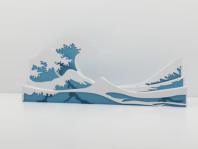 Ukiyo-e Style Ocean Wave Decorative Sculpture With Layered Blue And White Design 3d model