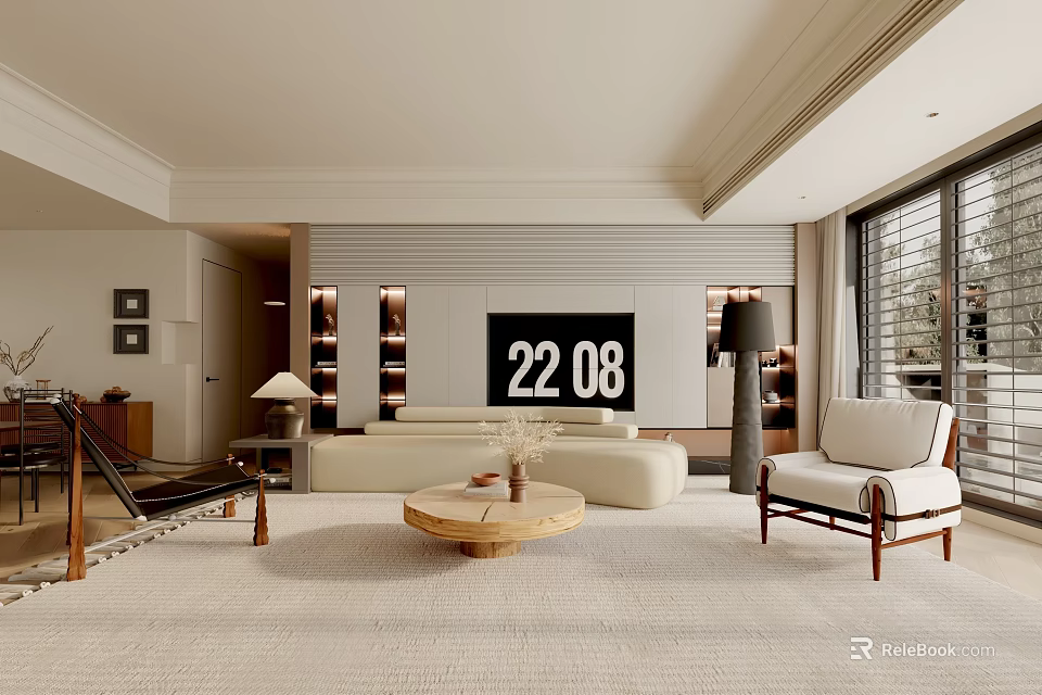 Modern Living Room Interior With TV Wall Sofa Coffee Table And Large Windows 3d model 