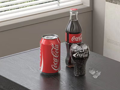 Refreshing Coca-Cola Beverage with Can Bottle and Glass Filled with Ice Cubes on Table 3d model