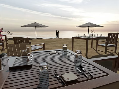 Beachside Outdoor Table Setup With Umbrellas Dining Utensils And Sunset View 3d model