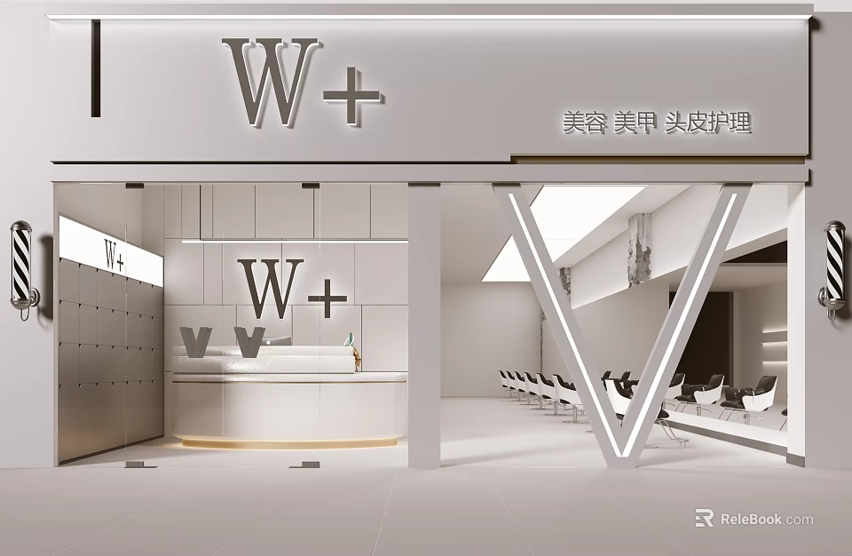 W+ Beauty Nail Skin Care Storefront Modern White Interior Design With Front Desk And Seating 3d model 