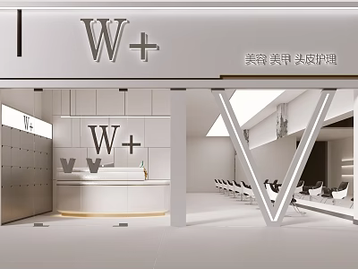 W+ Beauty Nail Skin Care Storefront Modern White Interior Design With Front Desk And Seating 3d model