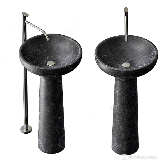Two Black Marble Pedestal Washbasins With Modern Faucets In Bathroom 3d model 