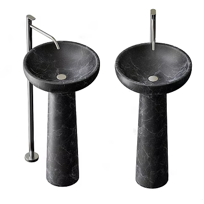 Two Black Marble Pedestal Washbasins With Modern Faucets In Bathroom 3d model