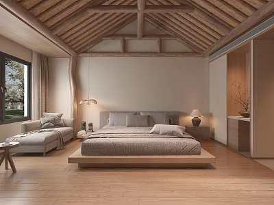 Chinese Style Homestay Guest Room With Sloped Wooden Ceiling Large Bed And Sofa 3d model