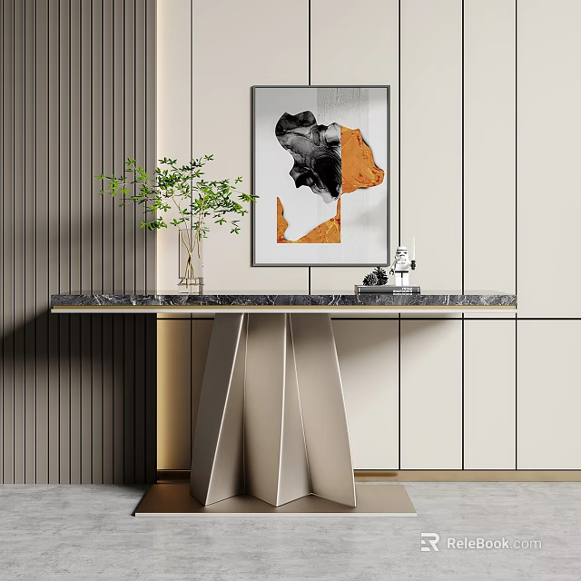 Modern Console Table With Marble Top Green Plant Vase And Black White Orange Wall Art 3d model 