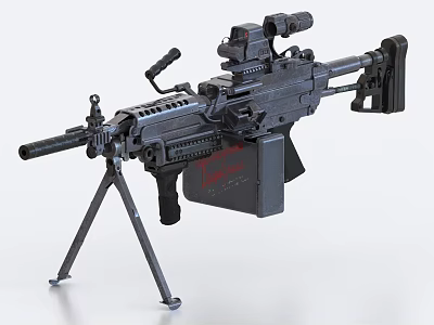 Black Tactical Machine Gun With Tripod Stand And Optical Sight Equipment 3d model