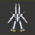Blue And White Mechanical Robot Character With Multiple Arms And Yellow Feet