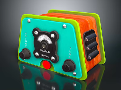 Retro Electronic Device With Green Orange Casing Gauge Knobs Red Button And Slots 3d model