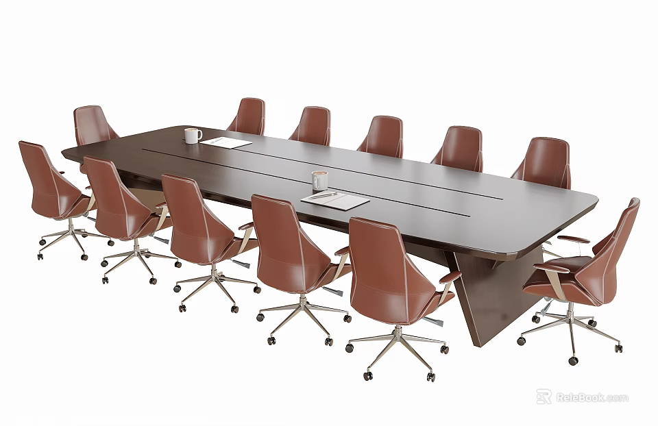 Dark Modern Conference Table With Twelve Brown Rolling Office Chairs 3d model