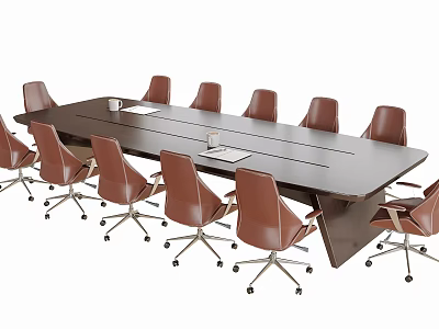 Dark Modern Conference Table With Twelve Brown Rolling Office Chairs 3d model