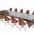Dark Modern Conference Table With Twelve Brown Rolling Office Chairs 3d model