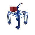 Blue Metal Frame Structure Equipped With Robotic Arm Holding Red Cube On Wheeled Base 3d model