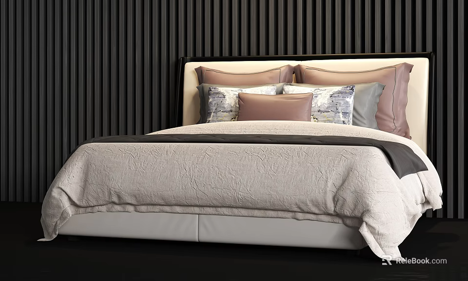 Double Bed With Light Upholstered Headboard Neutral Soft Tones Quilted Bedspread Dark Vertical Striped Wall 3d model 
