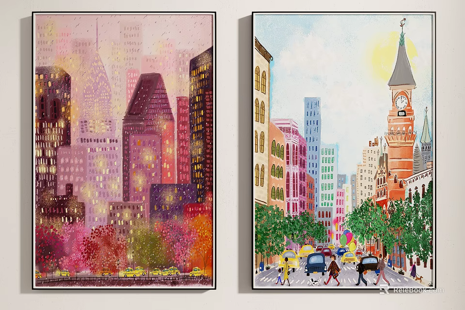 Vibrant Cityscape Paintings Night High Rise Buildings Daytime Street With Clock Tower 3d model 