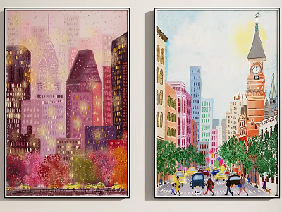 Vibrant Cityscape Paintings Night High Rise Buildings Daytime Street With Clock Tower 3d model
