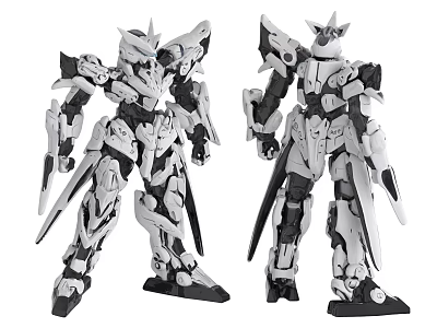 Two White Black Mecha Robot Dolls With Mechanical Armor And Weapon Details 3d model