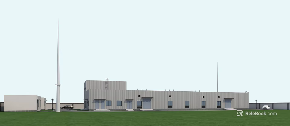 Industrial Factory Building With Gray Exterior Multiple Windows Doorways Green Grass Field And Tall Tower 3d model 