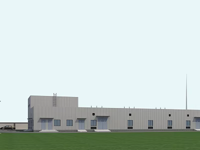 Industrial Factory Building With Gray Exterior Multiple Windows Doorways Green Grass Field And Tall Tower 3d model