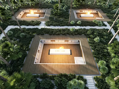 Serene Garden Landscape Design With Wooden Square Platforms Illuminated Fire Pits And Lush Greenery 3d model