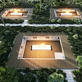 Serene Garden Landscape Design With Wooden Square Platforms Illuminated Fire Pits And Lush Greenery