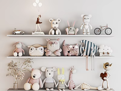 Plush Dolls Displayed On Shelves With Decorations 3d model