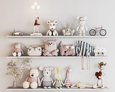 Plush Dolls Displayed On Shelves With Decorations 3d model