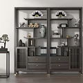 Traditional Chinese Curio Shelf With Decorative Vase Books Drawers And Bonsai On Side Table