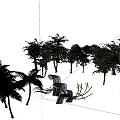 Modern Bamboo Inspired Sculpture With Curved Strips Green Leaf Decorations And Grassland Blue Sky