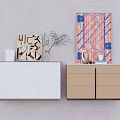 Modern White And Brown Side Tables With Decorative Plants Artworks On Light Wall