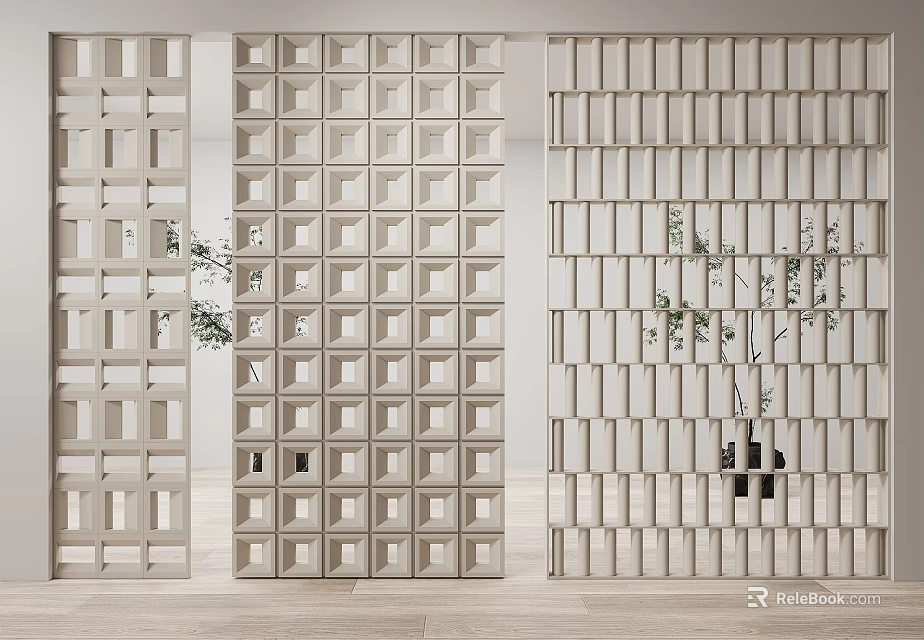 Modern Interior Room Dividers In Light Tone With Grid And Slatted Patterns And Indoor Greenery 3d model 
