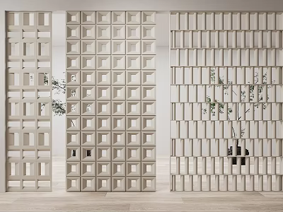 Modern Interior Room Dividers In Light Tone With Grid And Slatted Patterns And Indoor Greenery 3d model