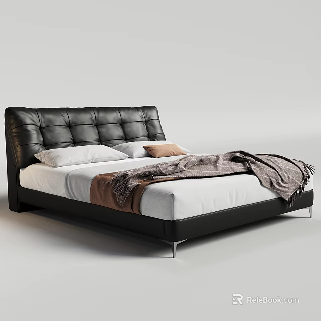 Modern Black Leather Double Bed With Diamond Tufted Headboard White Mattress And Brown Throw Blanket 3d model 