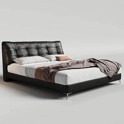 Modern Black Leather Double Bed With Diamond Tufted Headboard White Mattress And Brown Throw Blanket 3d model