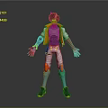 Futuristic 3D Character Model with White Pants Orange Vest and Blue Mechanical Arm