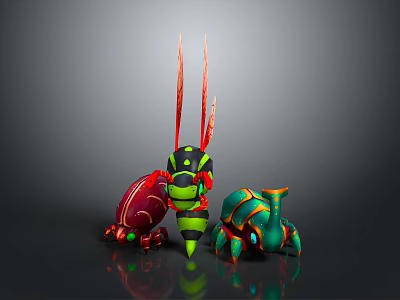 Vibrant Red Green Blue Fantasy Animal Figurines With Long Antennae And Shiny Carapaces 3d model