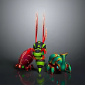 Vibrant Red Green Blue Fantasy Animal Figurines With Long Antennae And Shiny Carapaces