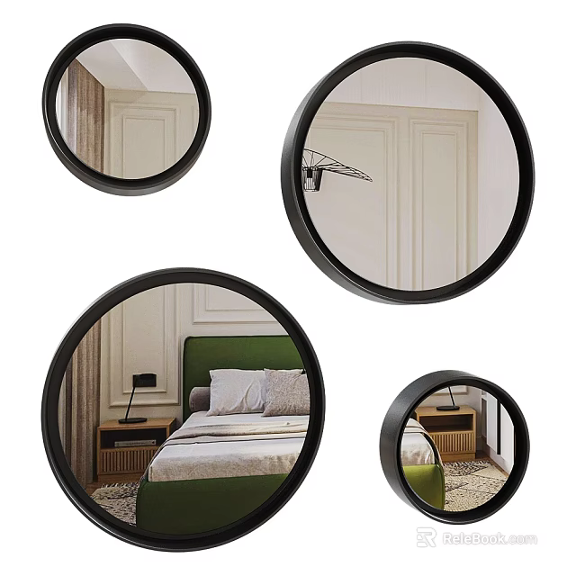 Round Black Framed Mirrors for Interior Wall Decor with Room Reflection Design 3d model