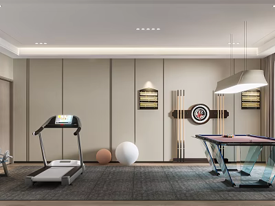 Modern Gym Pool Table Pool Room Pool Table Treadmill Dumbbell Chandelier Cream Fitness Equipment 3d model