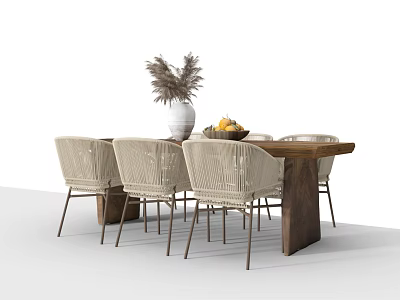 Wooden Dining Table Set With Woven Chairs Featuring Vase And Fruit Basket 3d model