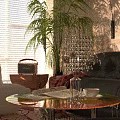 Black Sofa And Coffee Table Set With Colorful Rug Green Plants And Wall Art