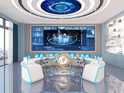 Modern Control Room Interior With Large Screens Control Consoles And Data Displays 3d model