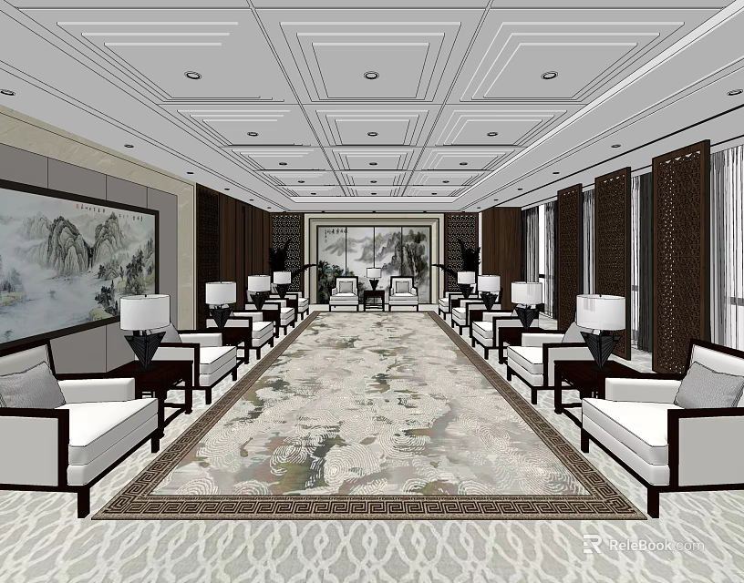 Elegant Hotel Public Lounge With Comfortable Sofas Side Tables And Decorative Paintings 3d model