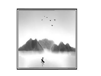 Chinese Ink Style Wall Art With Misty Mountains Crane And Flying Birds 3d model