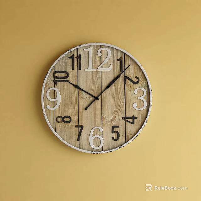 Round Wooden Wall Clock With Vintage Style On Yellow Background And White Frame Design 3d model 