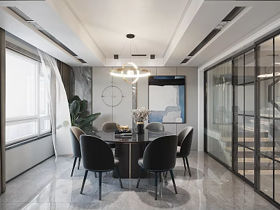 Modern Restaurant Interior With Round Dining Table Black Chairs Pendant Light And Green Plant 3d model
